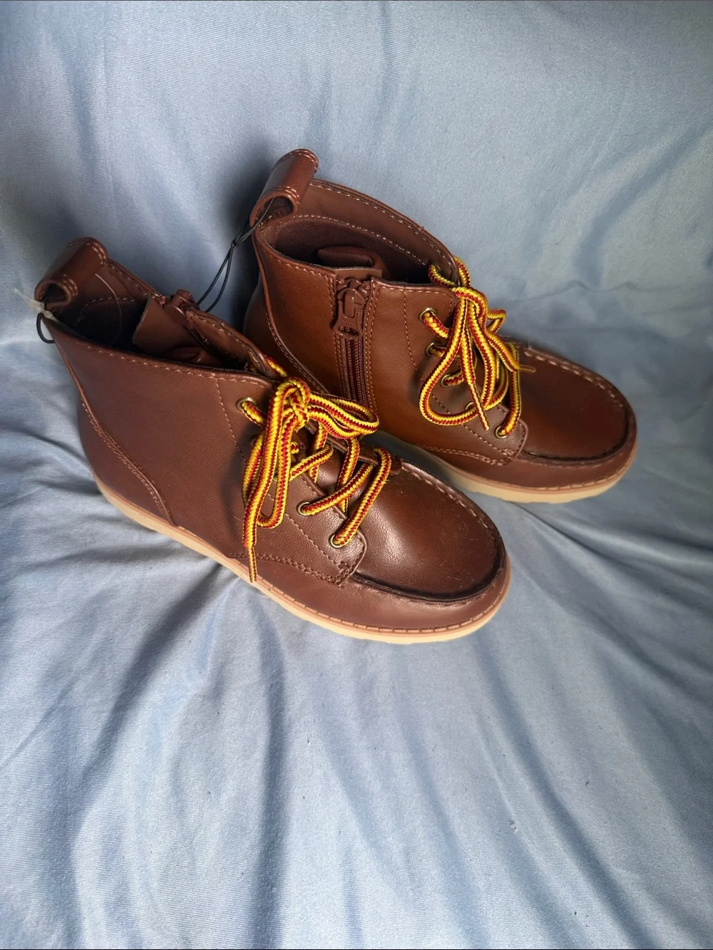 Cat and Jack Brown Leather Lace-Up Boots with Yellow-Red Laces and